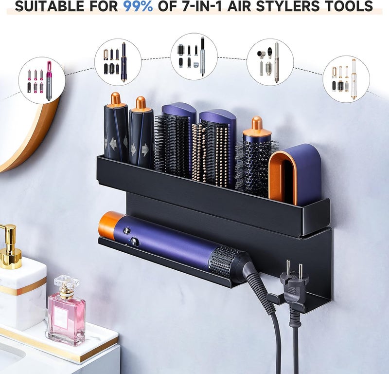 Oukimly Store حامل مجفف الشعر للتخزين لملحقات مكواة التجعيد، منظم أدوات الشعر للتثبيت على الحائط، منظم حامل مكواة التجعيد، حامل مكواة الشعر لتثبيت ملحقات المصمم، أسود - Image 4